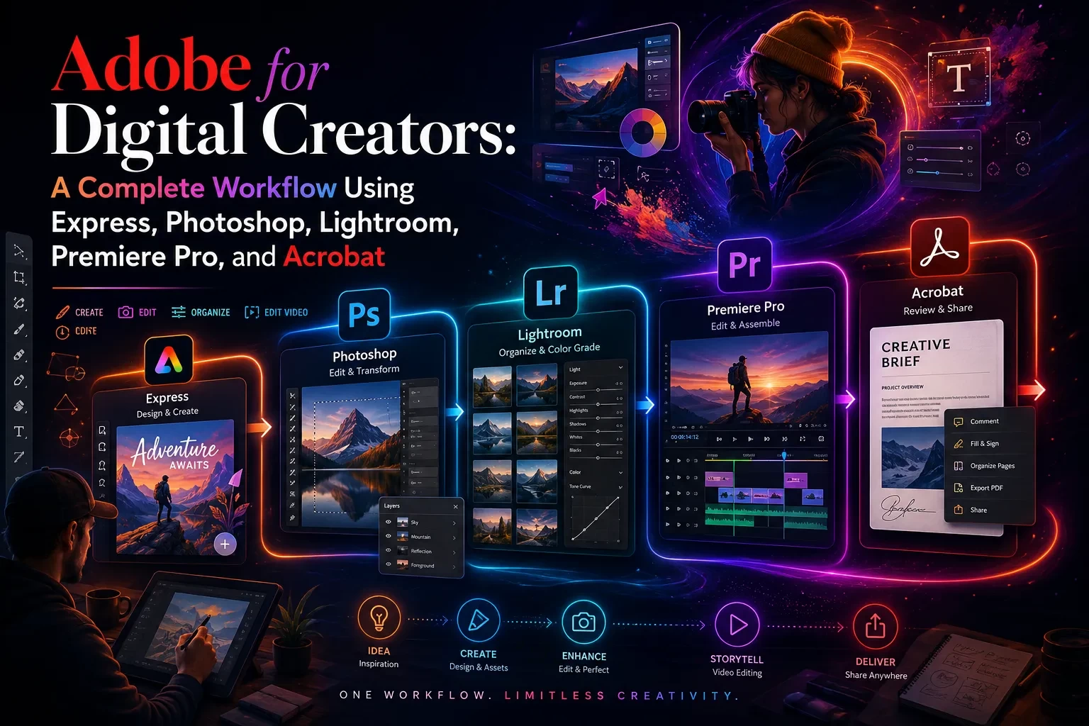 Adobe for Digital Creators: A Complete Workflow Using Express, Photoshop, Lightroom, Premiere Pro, and Acrobat